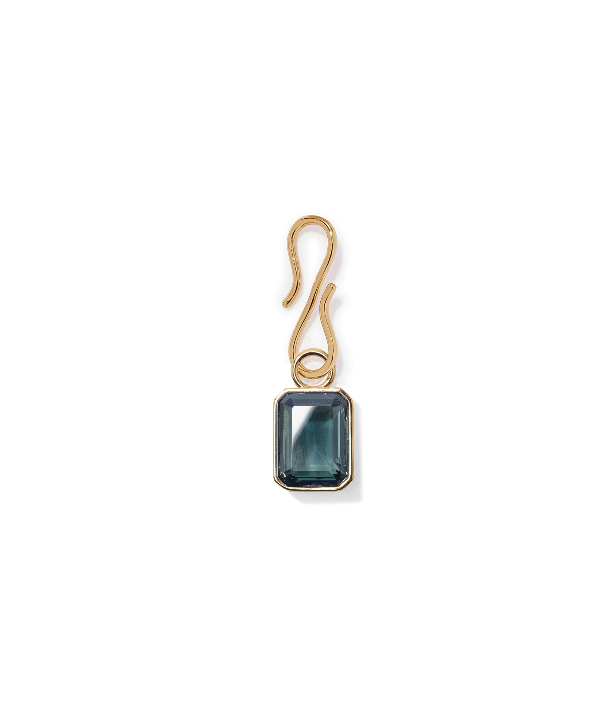 Candyland Charm in Teal. Gold-plated s-hook with rectangular faceted blue-green crystal charm.