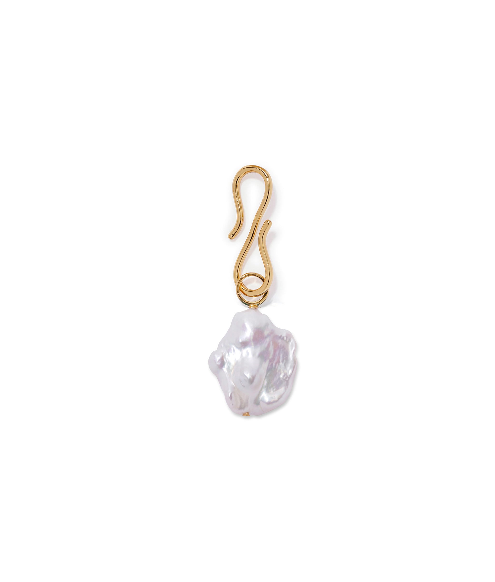 Deep Dive Charm. Organic-shaped freshwater pearl with gold ring and gold s-hook.