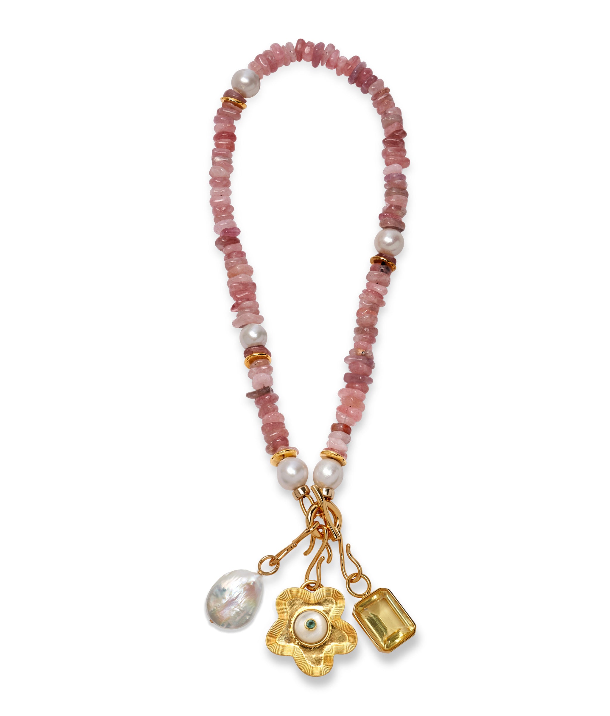 Strawberry Quart bead necklace with Deep Dive Charm, Nana Pendant and Candyland charm