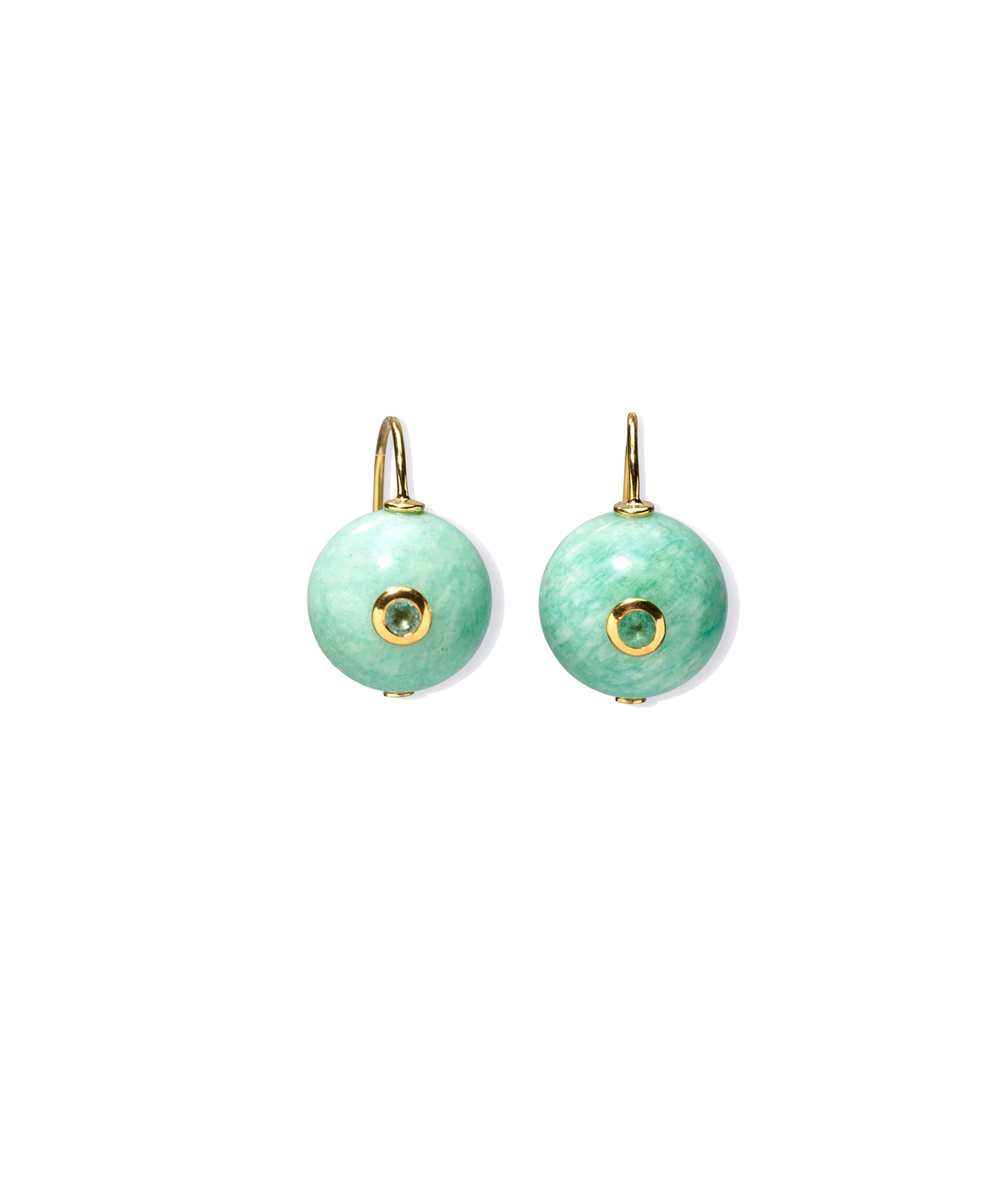 Comet Earrings in Amazonite. Small round amazonite inlaid with emeralds with gold earwires