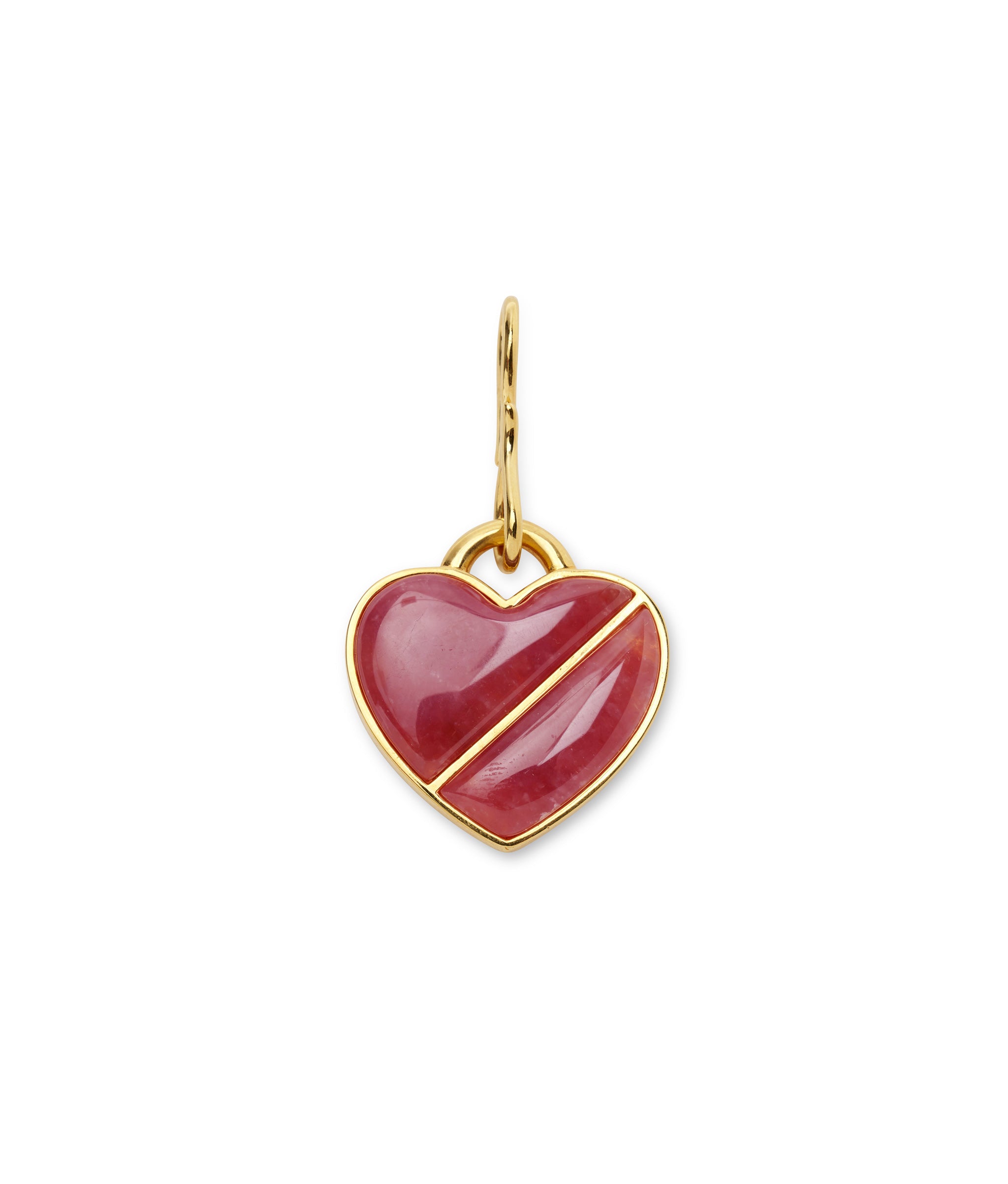 Heart Pendant in First Love. Large charm with bisected strawberry quartz heart set in gold-plated brass, with s-hook.