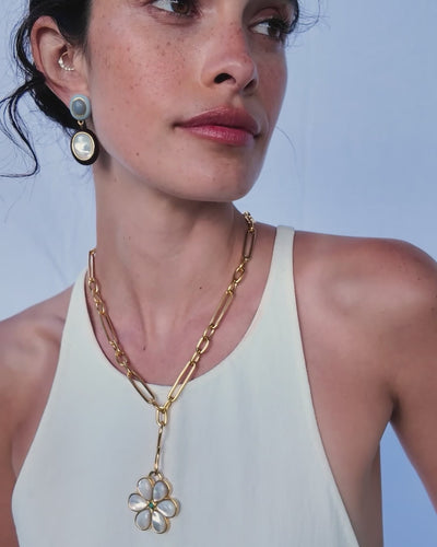 Video of model Model wearing white tank top with Venice Chain,  Daisy Pendant, and Papaya Earrings.