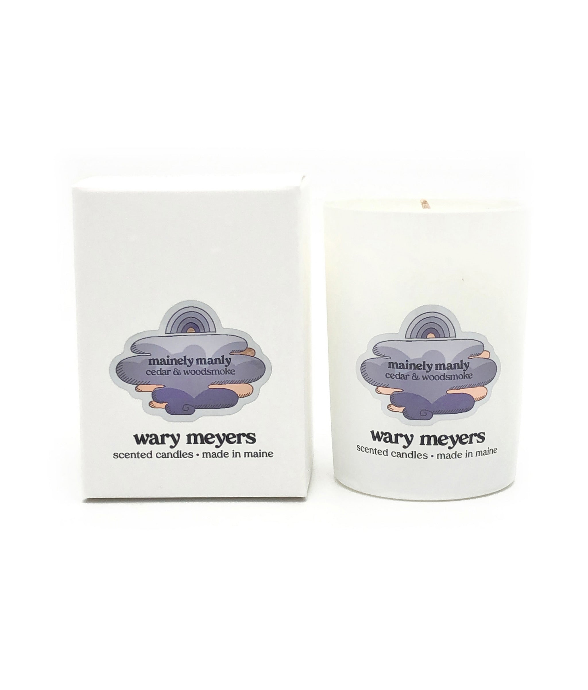 Mainly Manly Candle. White box and soy wax candle in glass holder by Wary Meyers, illustrated with lavender clouds.