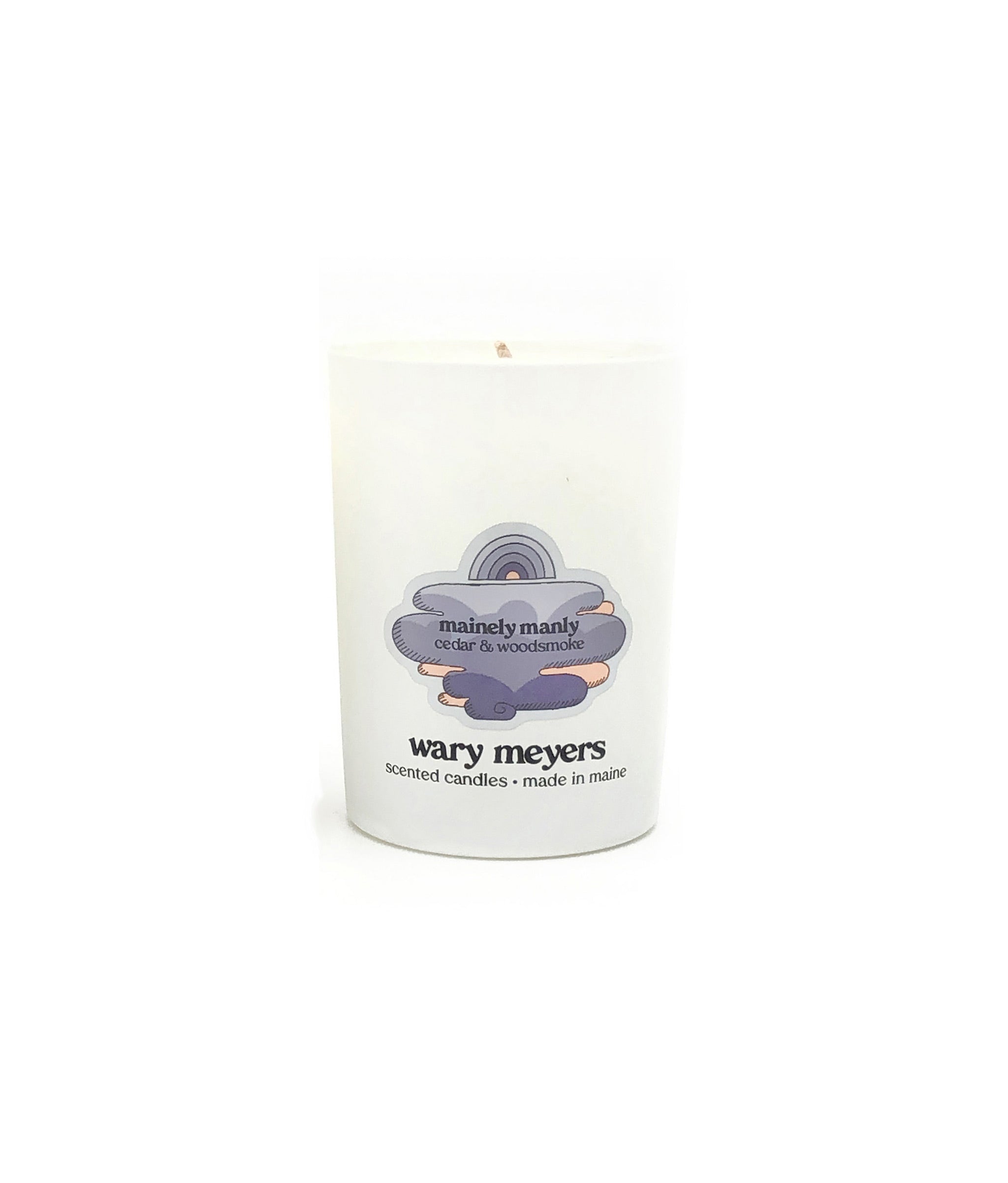 Mainly Manly Candle in glass holder by Wary Meyers, illustrated with lavender clouds. Cedar and woodsmoke scent.
