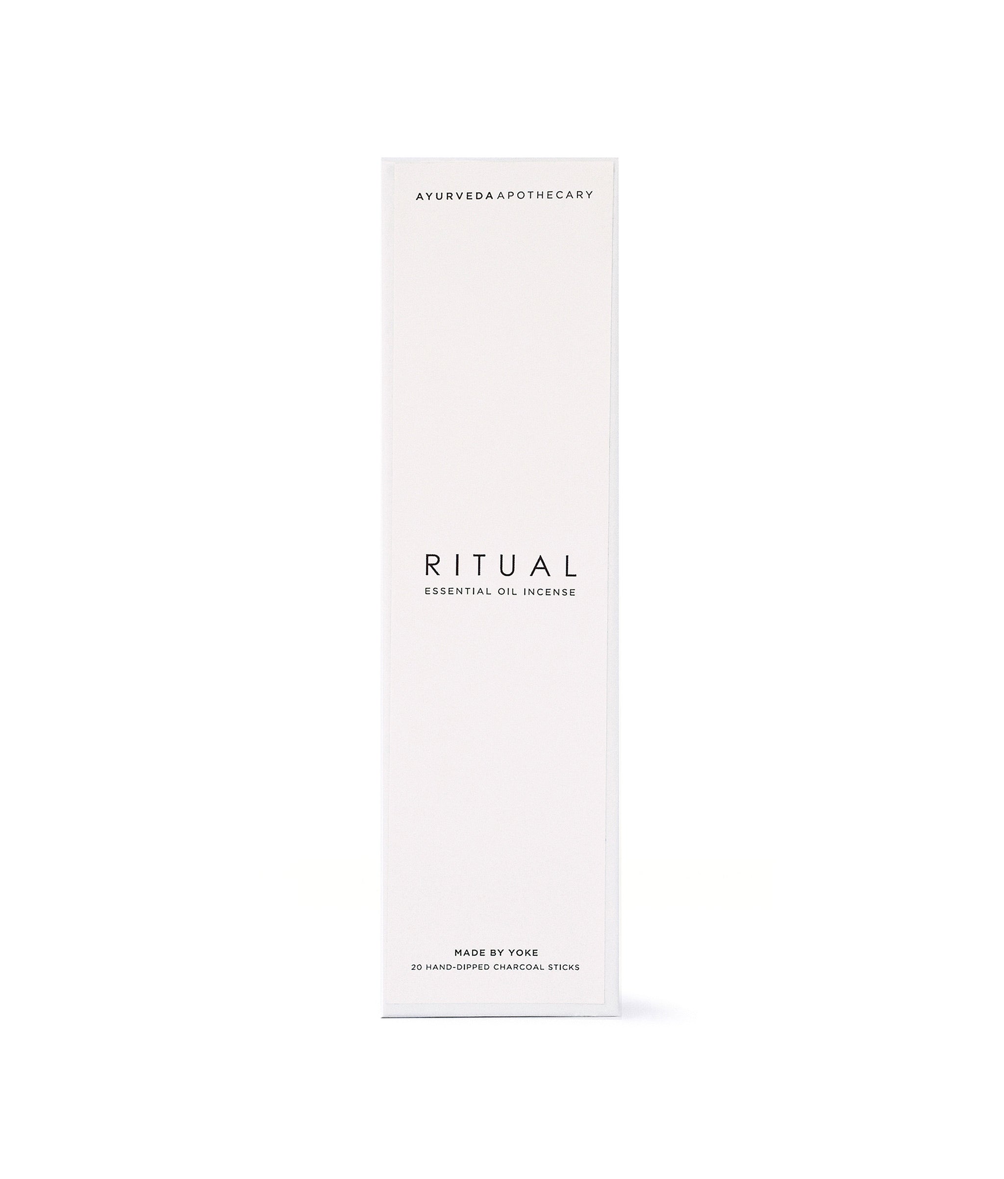 White box with black lettering, of Ritual Essential Oil Incense.