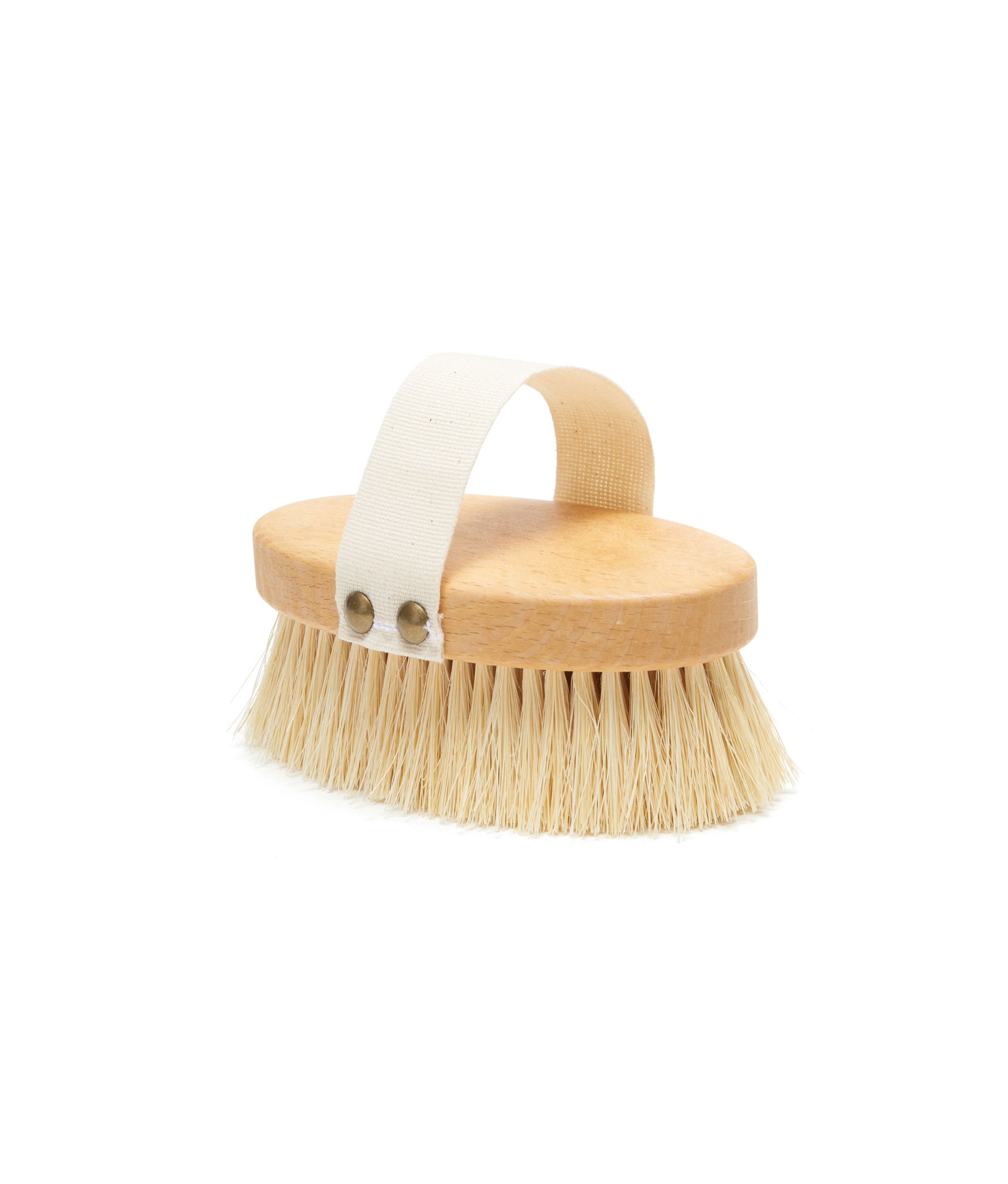 Massage Brush. Dry skin scrub brush with beech wood top, natural fiber bristles and white cotton belt.