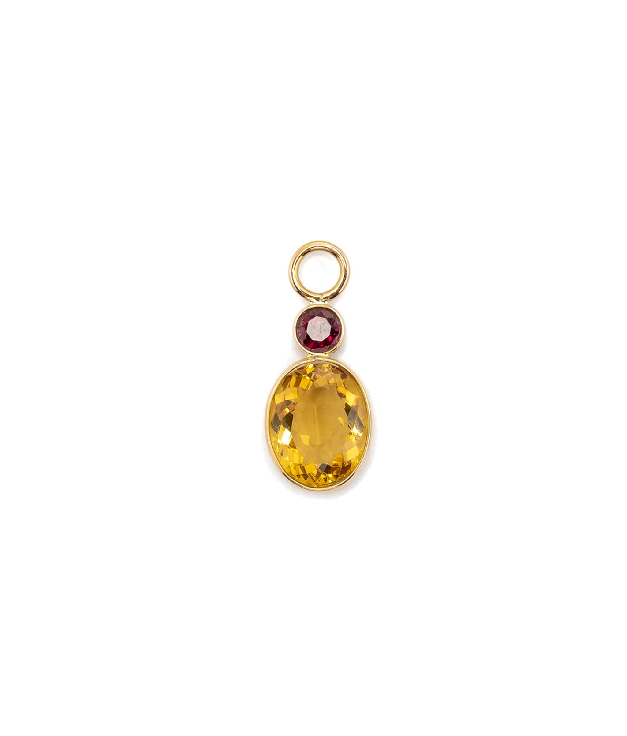 Garnet and Citrine Oval 14k Earring Charm. Faceted round garnet and yellow citrine oval with fine gold bezels and ring.