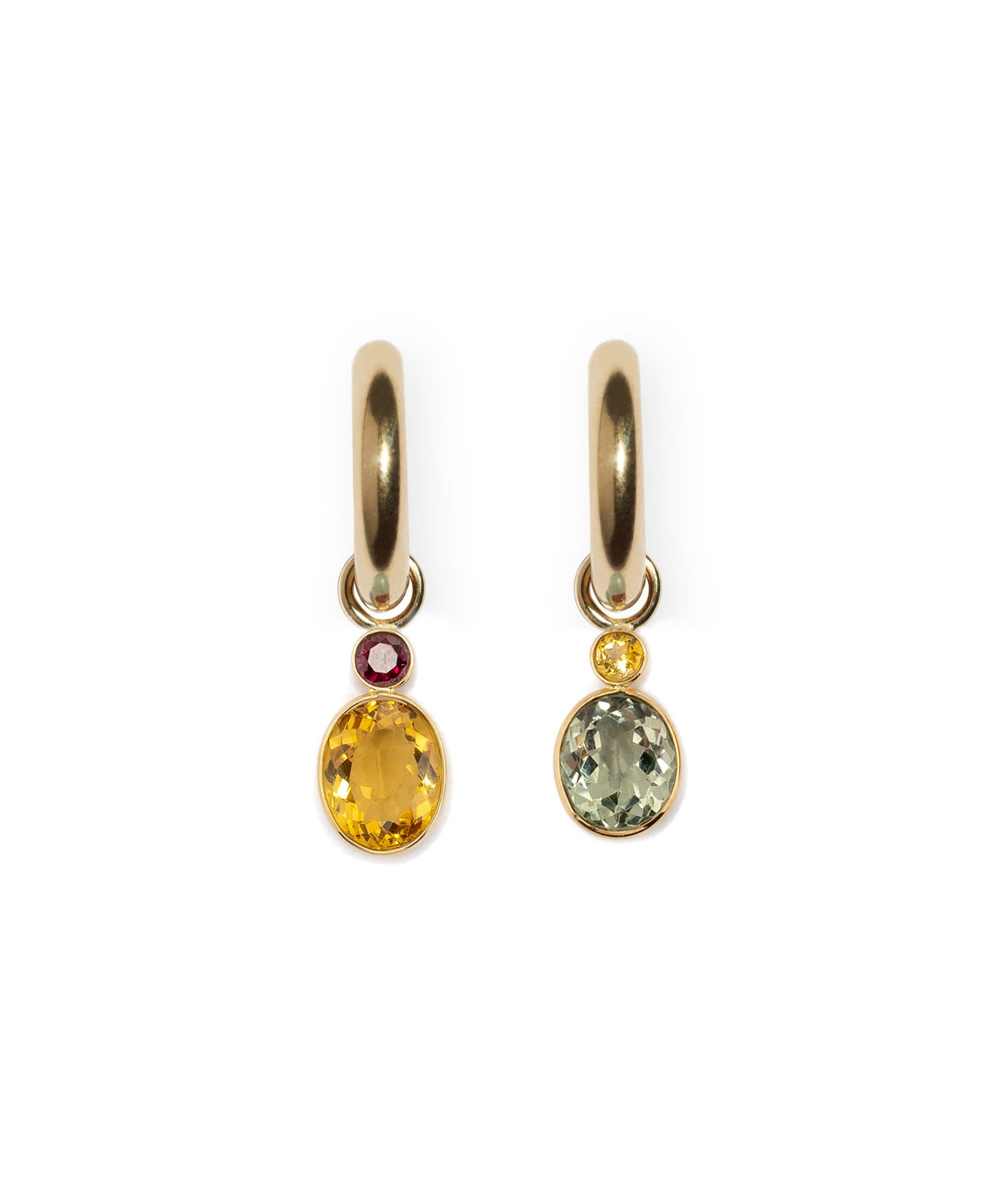 Fine Gold Mood Hoops with Garnet and Citrine Oval 14k Earring Charm and other semiprecious charm.
