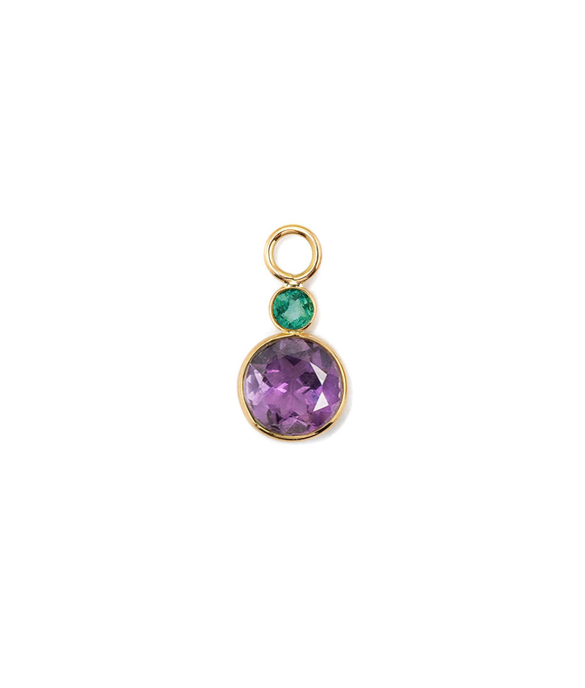 Emerald & Amethyst 14k Earring Charm. Faceted emerald and amethyst rounds with 14k gold bezel.