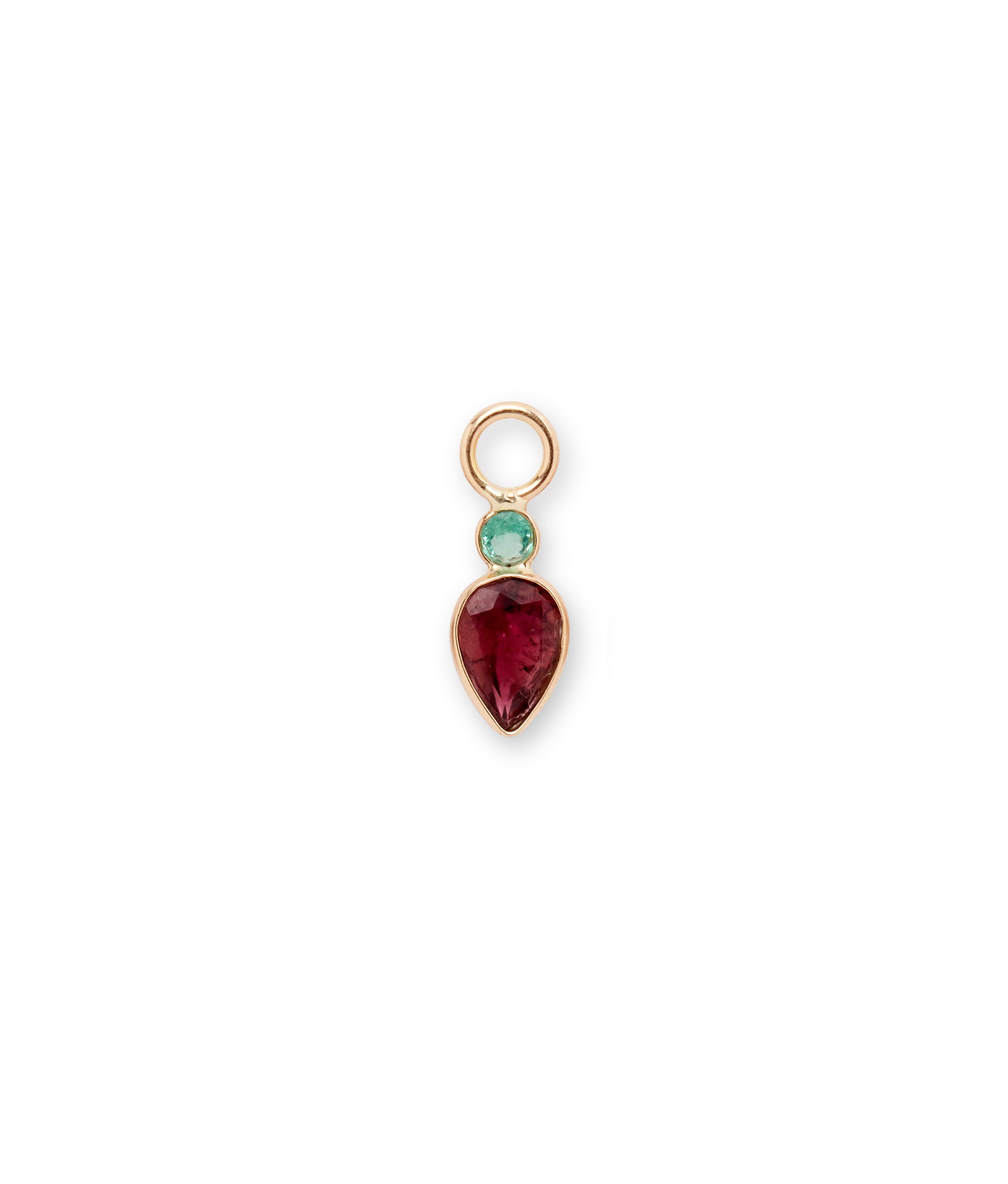 Emerald & Tourmaline 14K Earring Charm. Faceted emerald and tourmaline pear with 14k bezels.