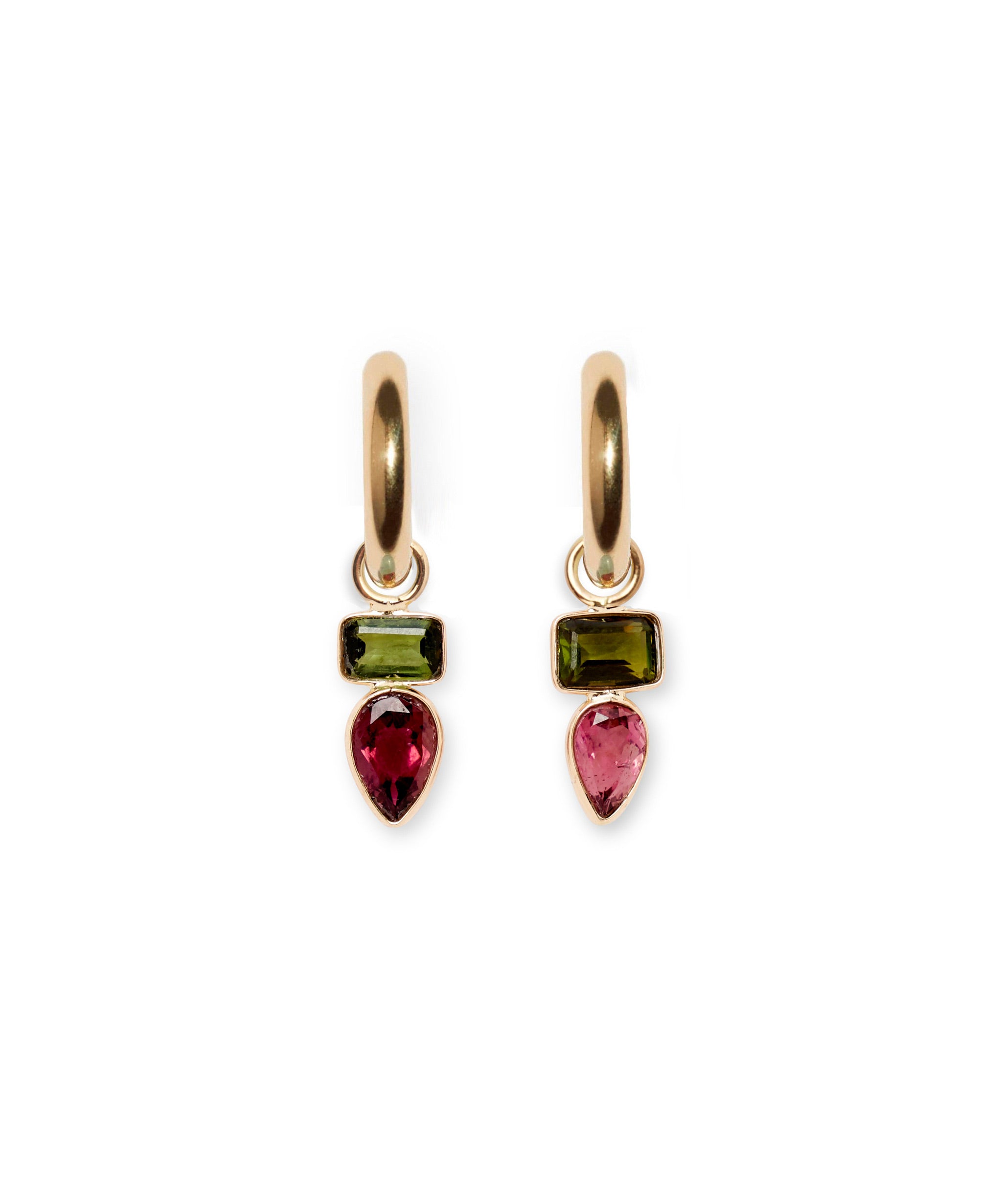 Large Mixed Tourmaline 14K Earring Charm on 14k Hoop next to another assorted fine charm  on a 14K Hoop.