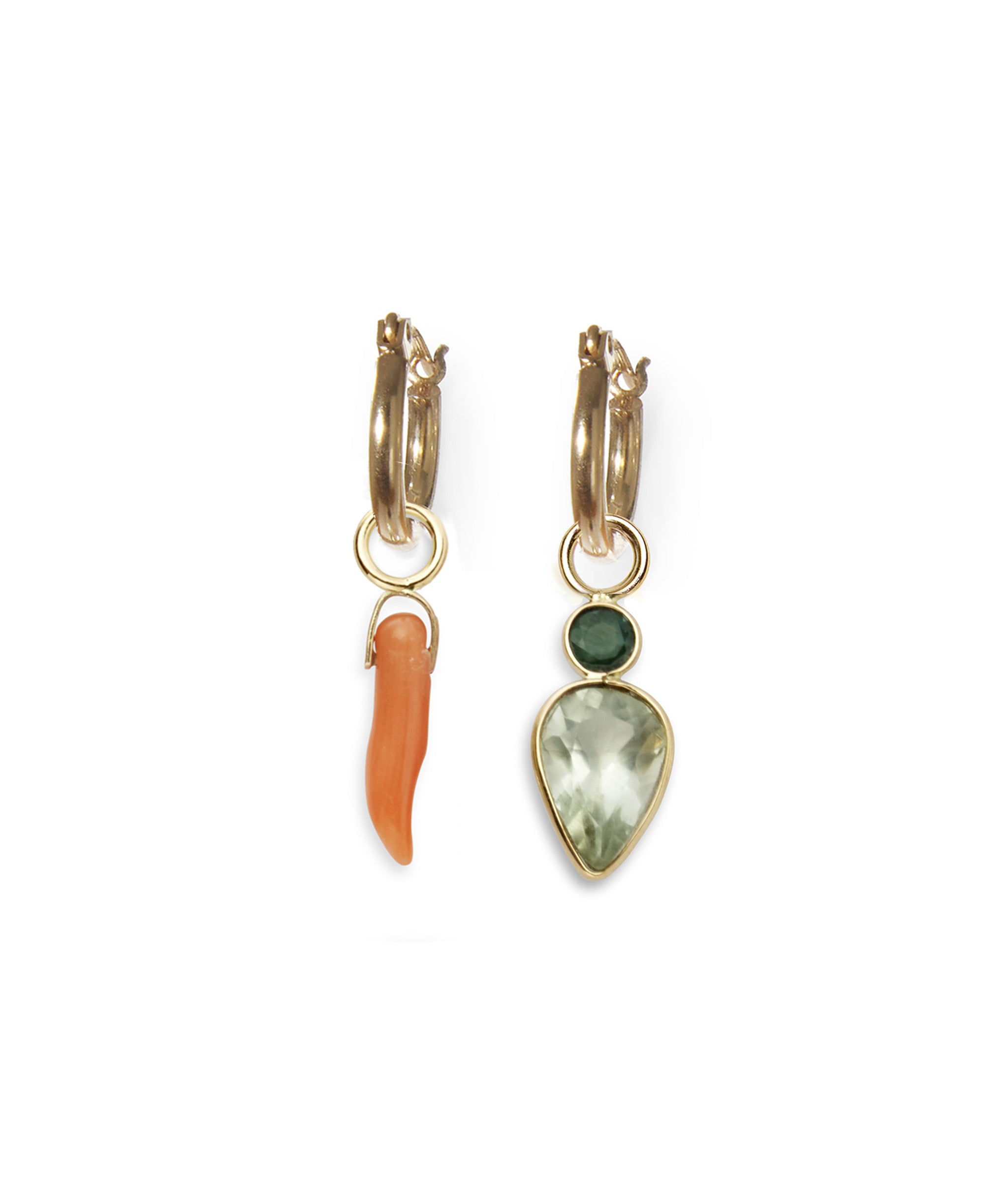 Gold Mood Hoops with Coral Horn 14k Earring Charm and Tourmaline & Green Amethyst Teardrop 14k Earring Charm.