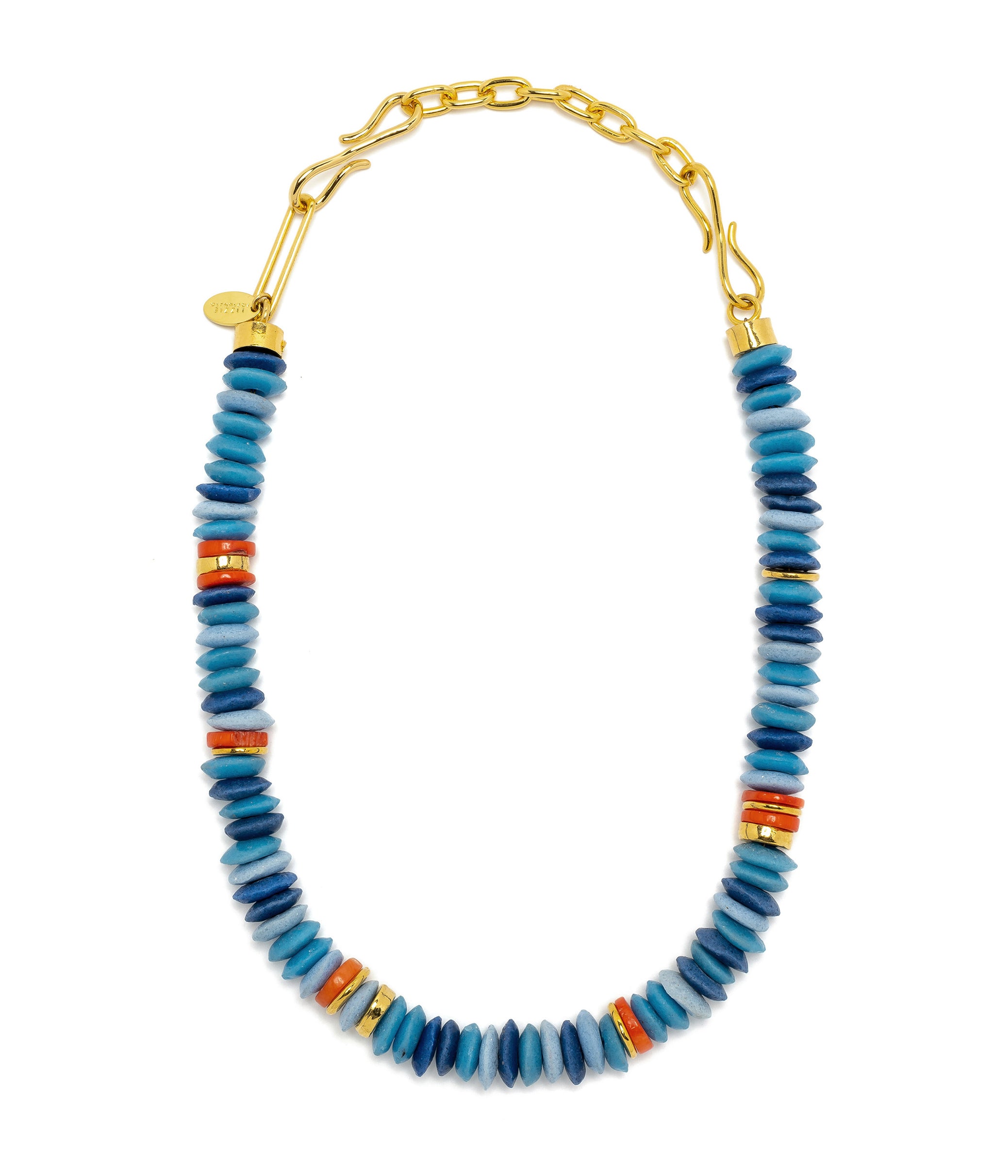 4.25" Gold Extender. Gold-plated brass long link chain with S-hook, attached to Laguna Necklace in Denim.
