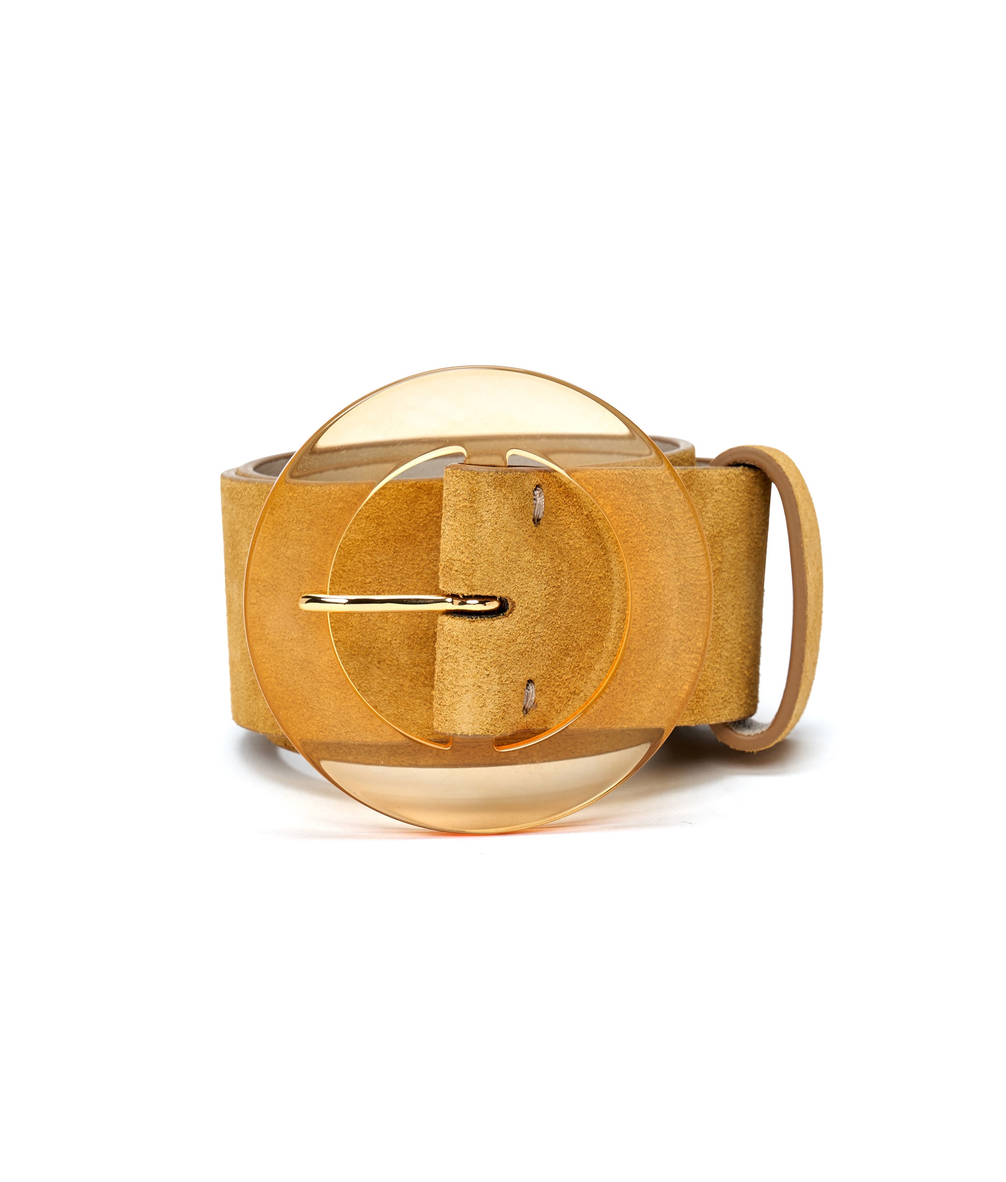 Louise Belt in Ochre. Yellow suede wide belt with translucent yellow circular resin buckle.