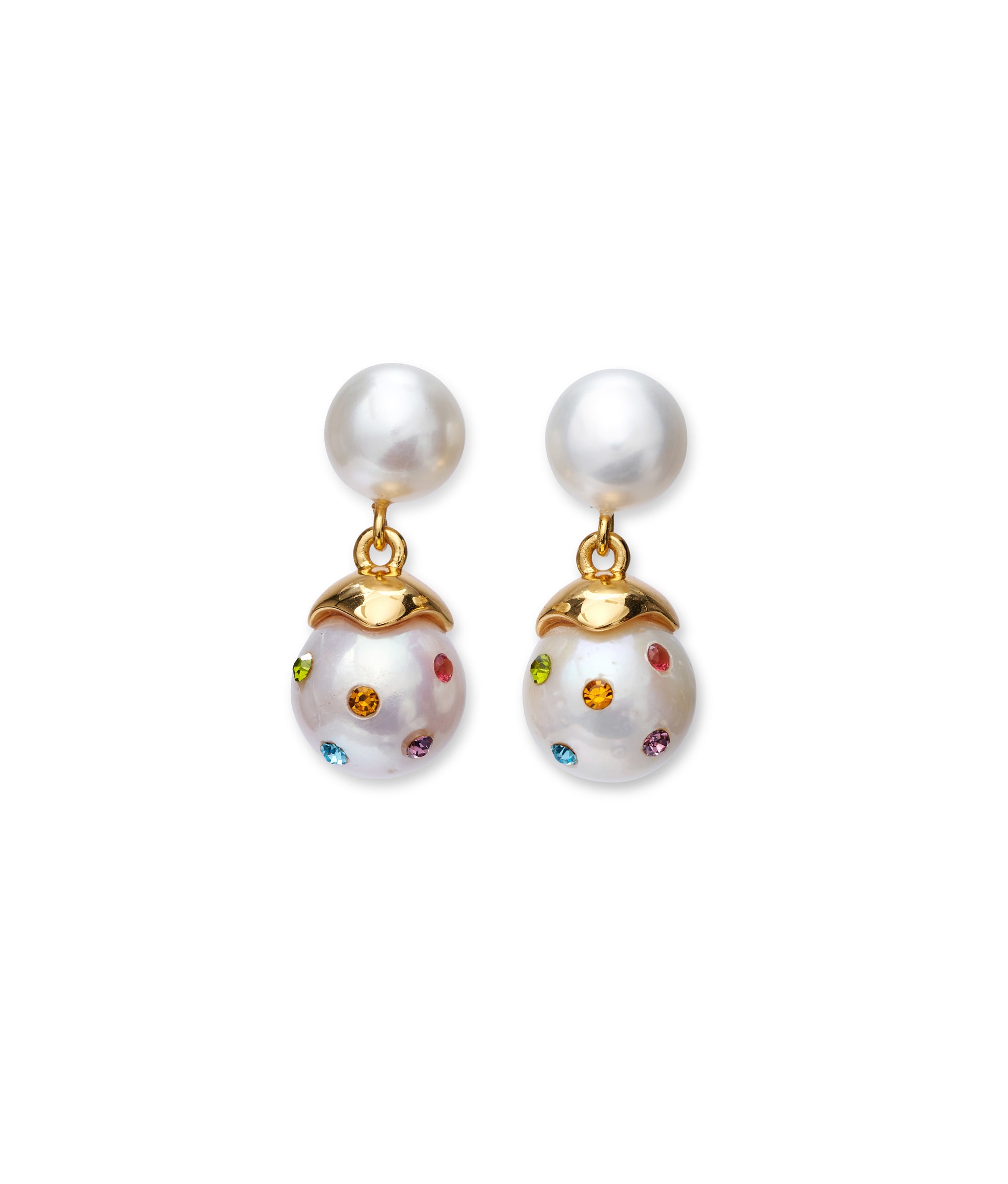 Confetti Drop Earrings in White. Freshwater pearl drop earrings, studded with a rainbow of faceted stones.