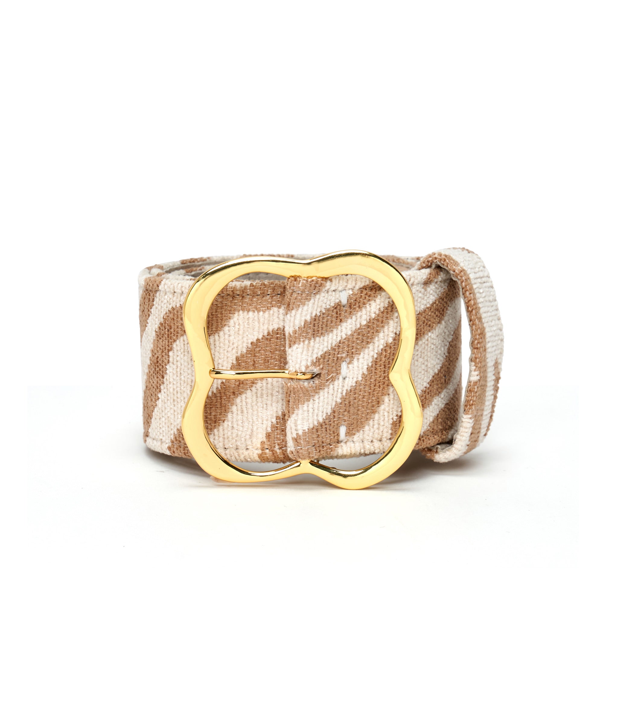 Florence Belt in Sand Tiger. Wide belt in cream-and-sand tiger print chenille, with gold clover-inspired buckle.