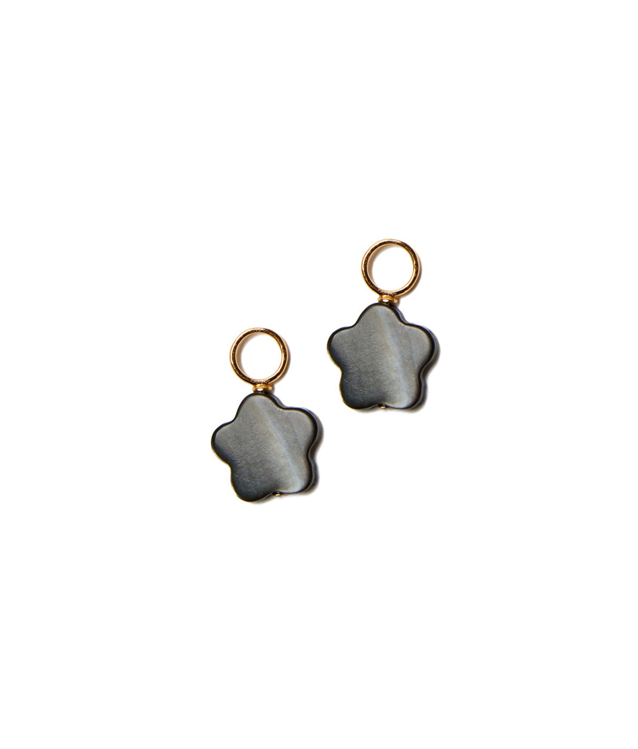 Flower Power Charm. Two charms with gray mother-of-pearl flowers and gold-plated brass ring.