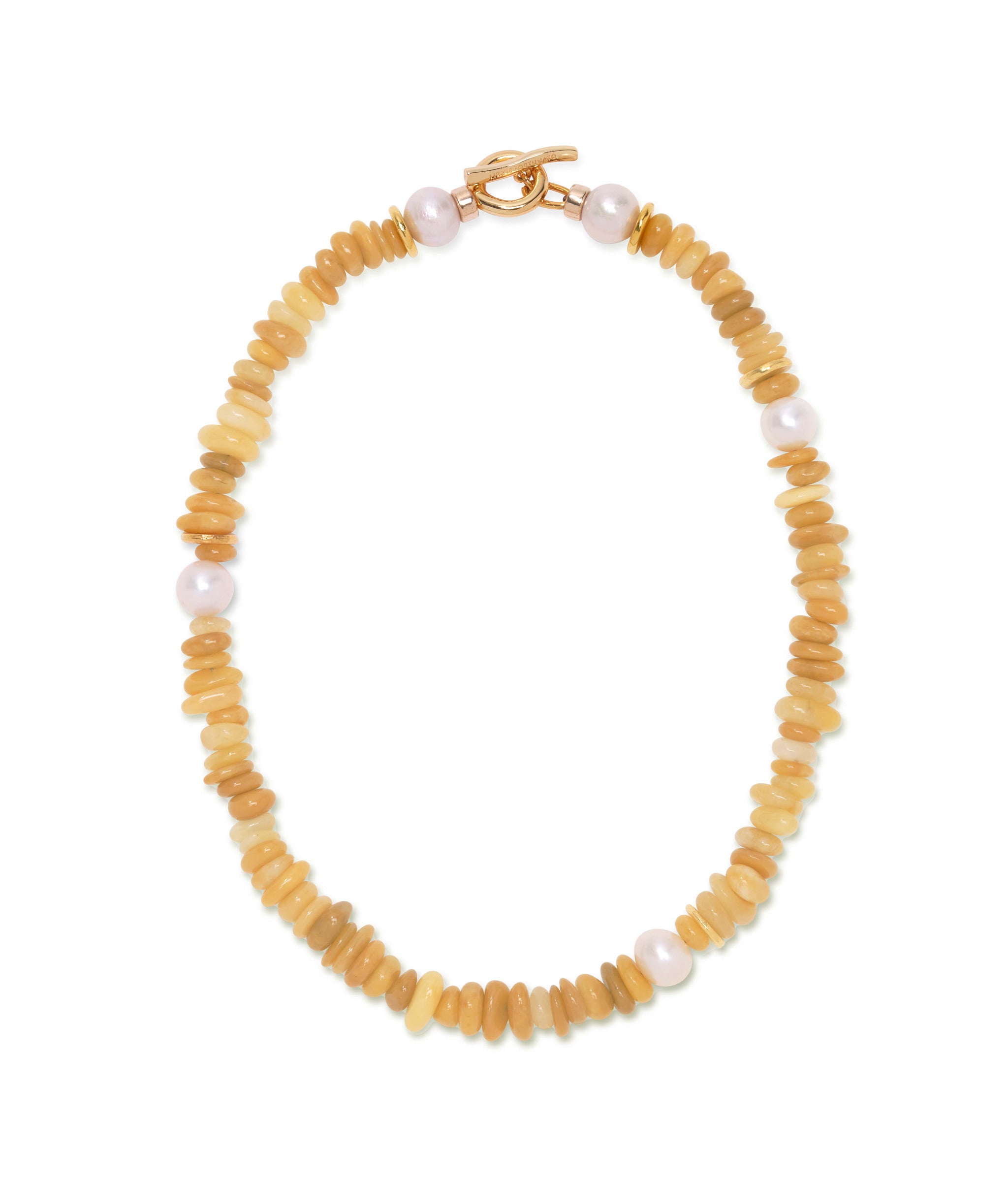 Mood Necklace in Yellow Jade. Yellow jade necklace with assorted pearls and gold plated brass with toggle closure. 