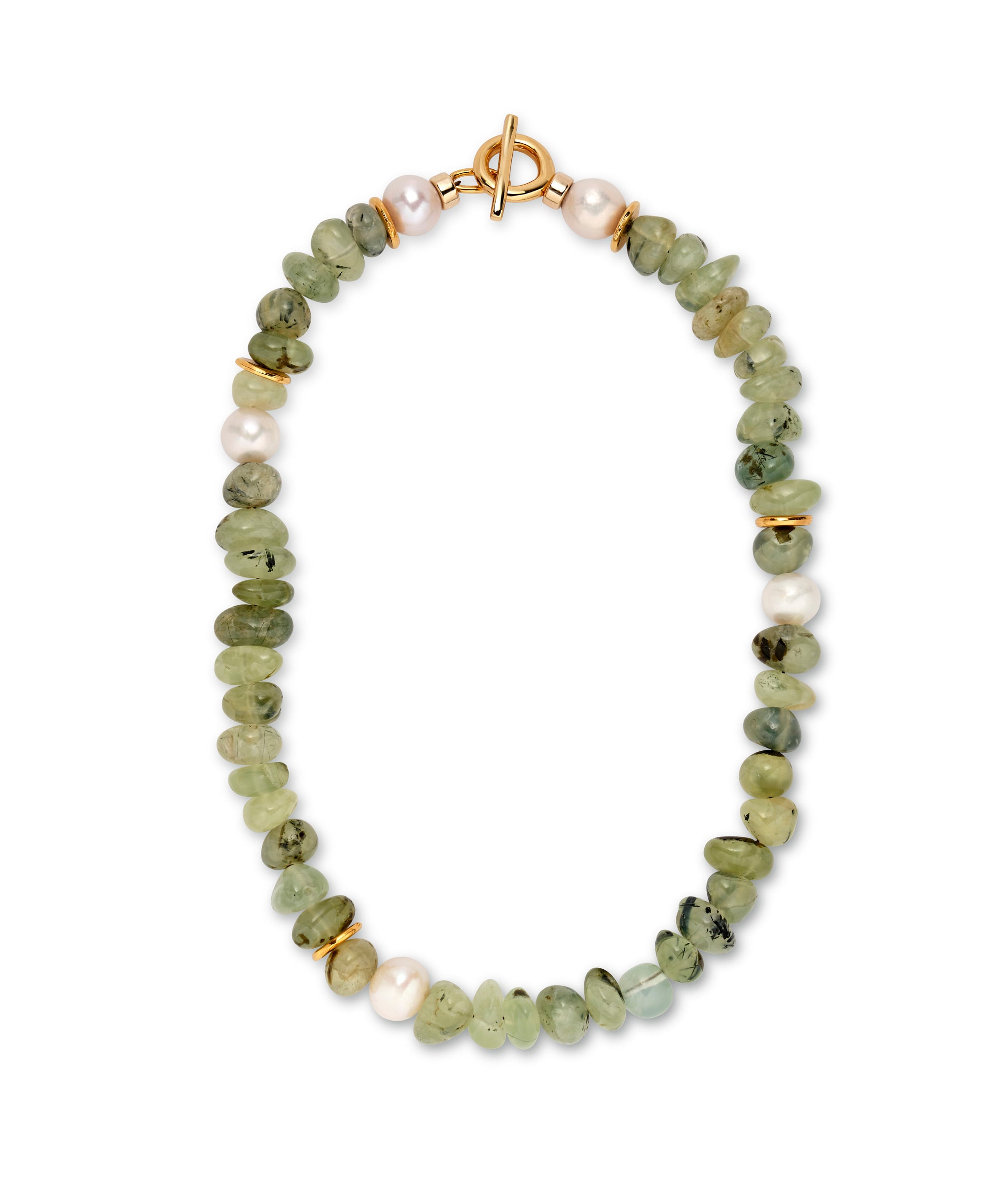 Mood Necklace in Prehnite. Green prehenite necklace with freshwater pearls and gold plated brass with toggle closure.