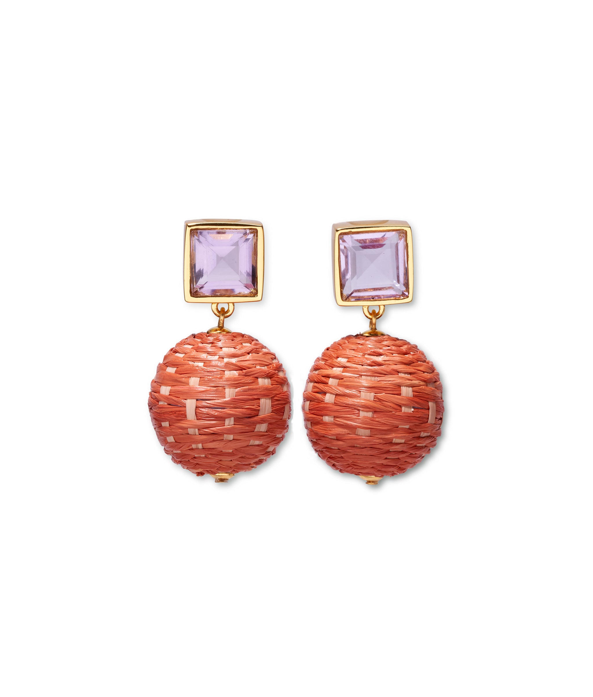 Paradiso Earrings in Terra Cotta. In gold-plated brass with pink amethyst square tops and hanging raffia drops. 