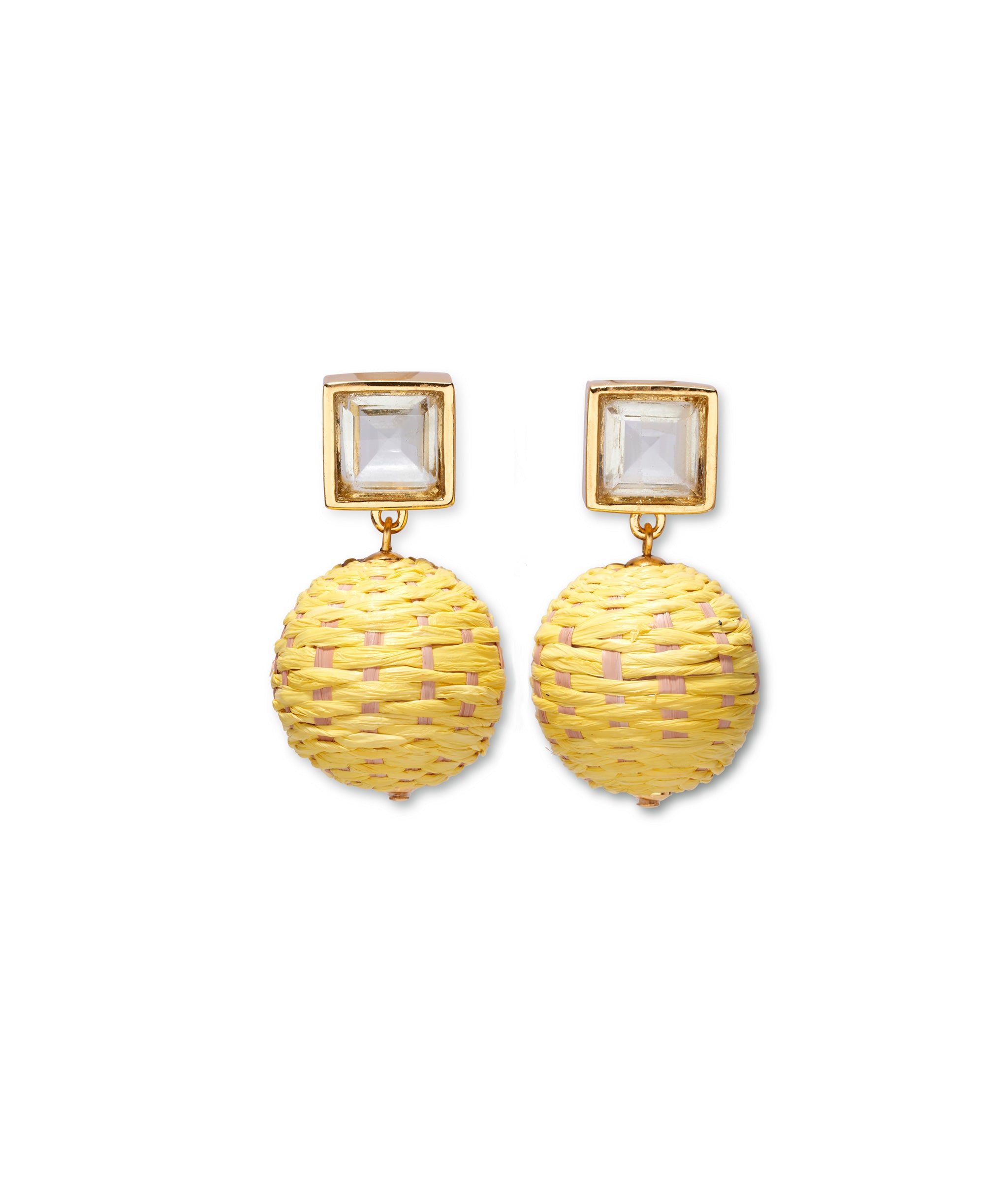 Paradiso Earrings in Canary. In gold-plated brass with green amethyst square tops and hanging yellow woven raffia drops