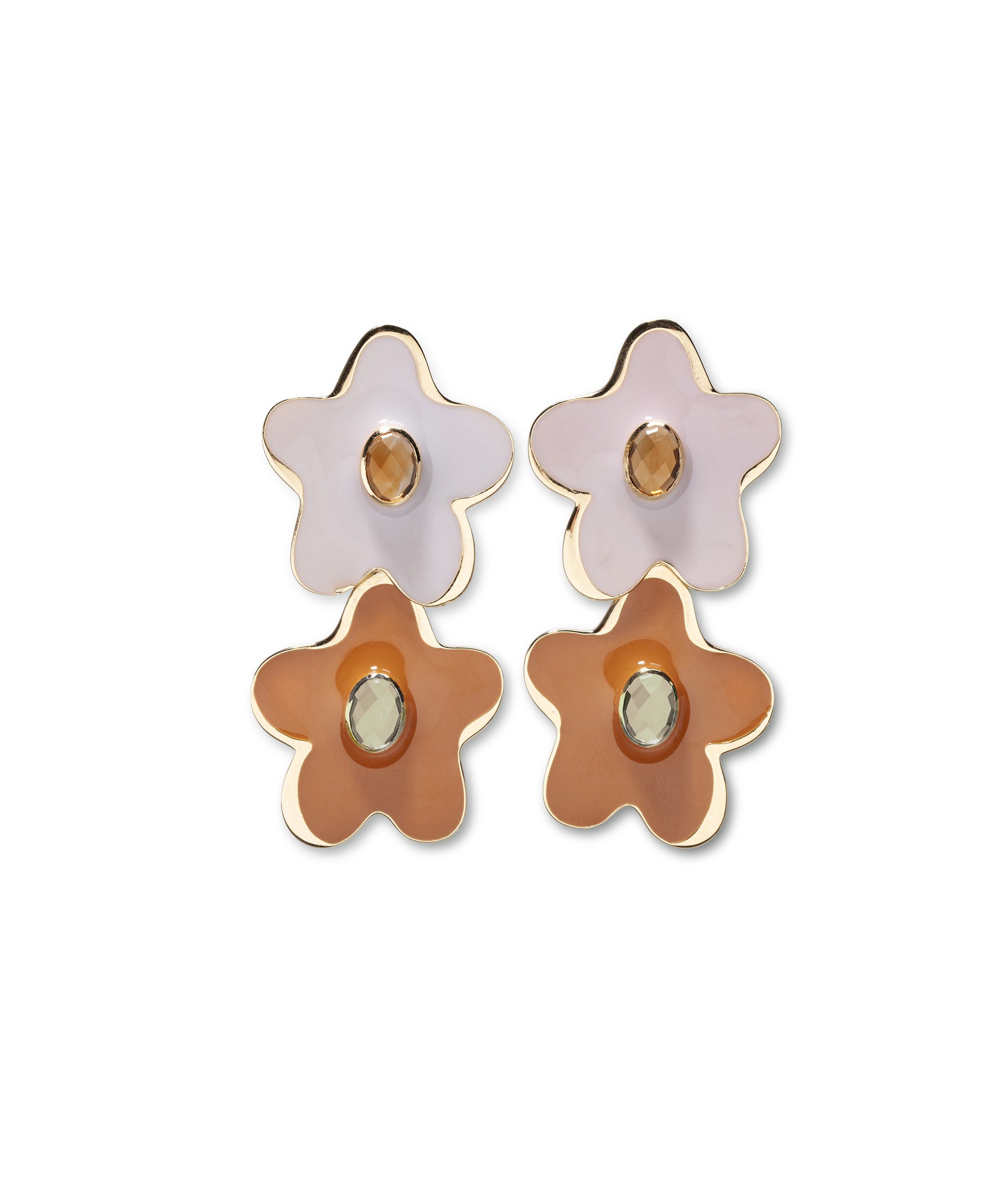 Camilo Drop Earrings. Two abstract flowers in gold-plated brass with pink and orange enamel and semiprecious stone inlay