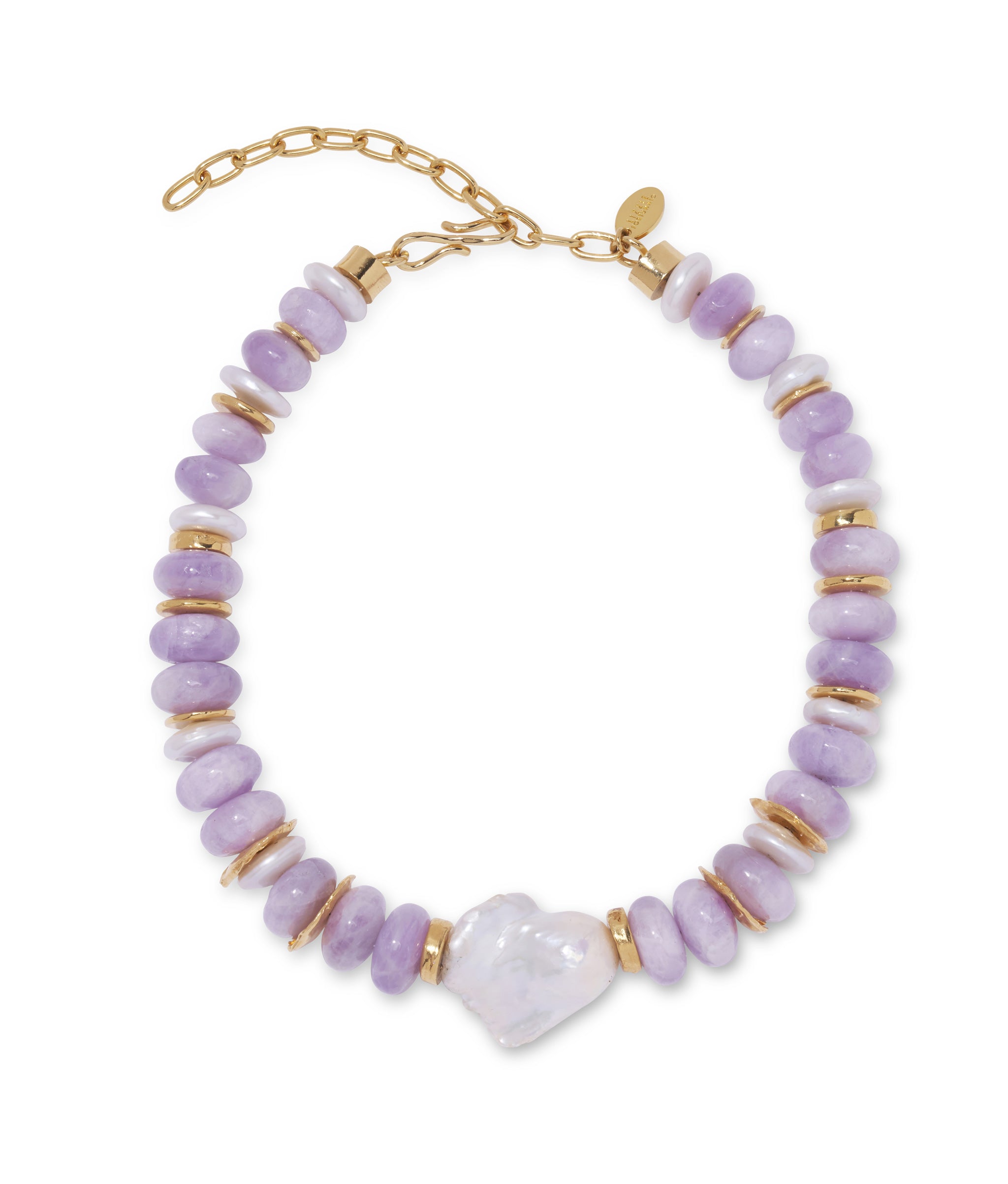 Provence II Necklace. Light purple kunzite beaded collar with large baroque pearl focal bead.