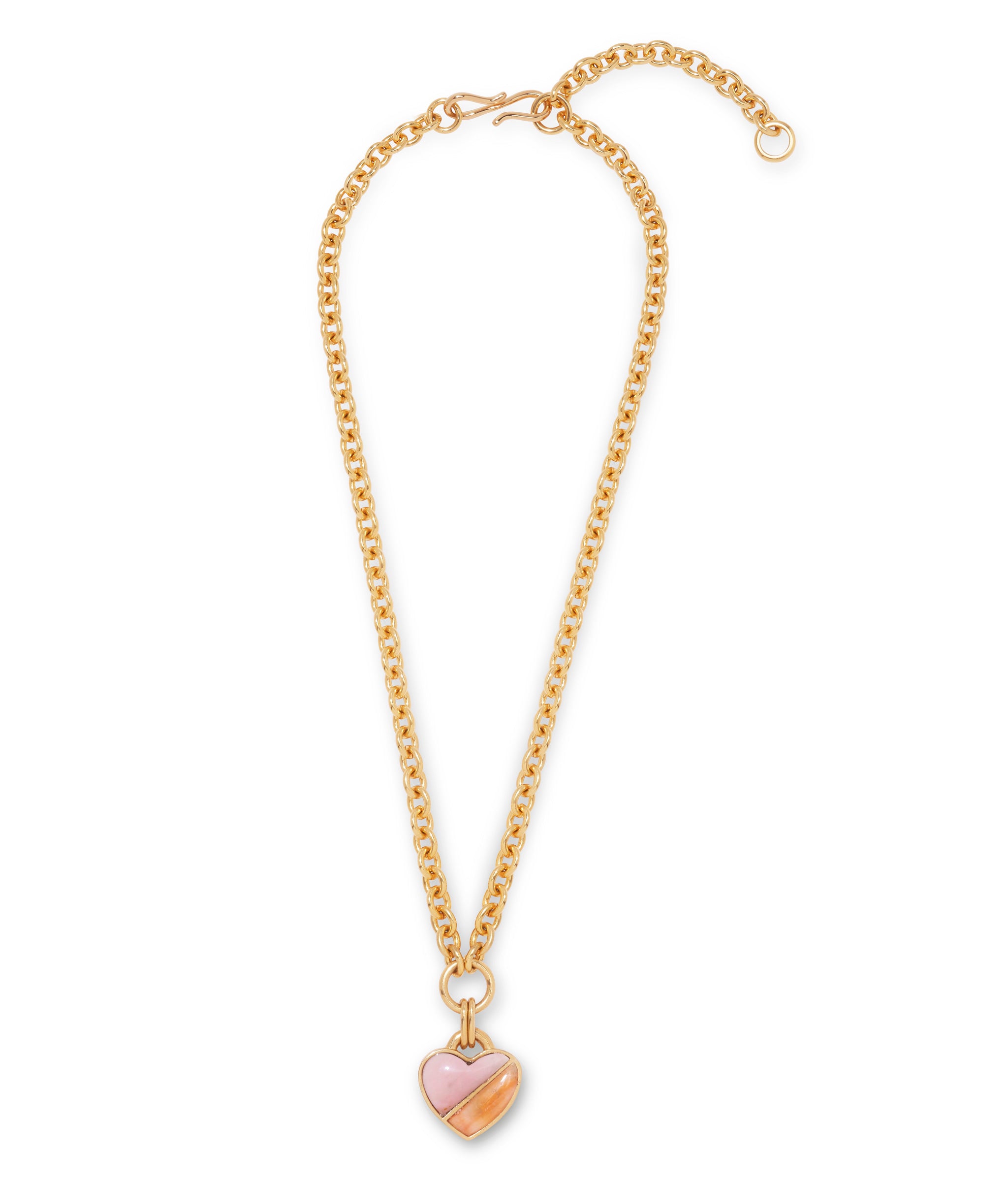 Atlantic Heart Necklace. Gold-plated brass curb chain with small heart pendant set with pink opal and spiny oyster.
