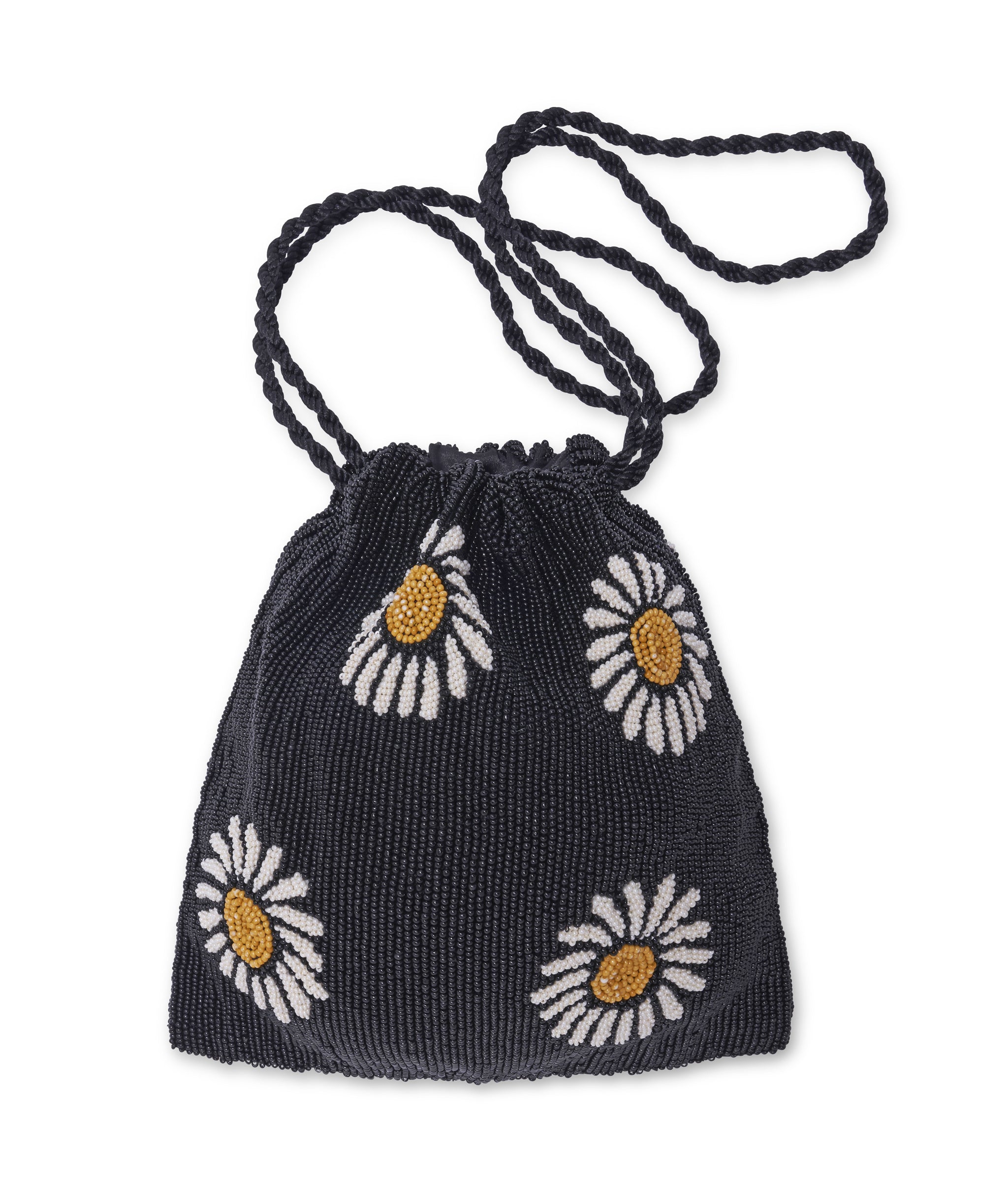 Gala Bag in Midnight Daisy. Beaded mini purse with black daisy floral print and black twist cord wristlet.