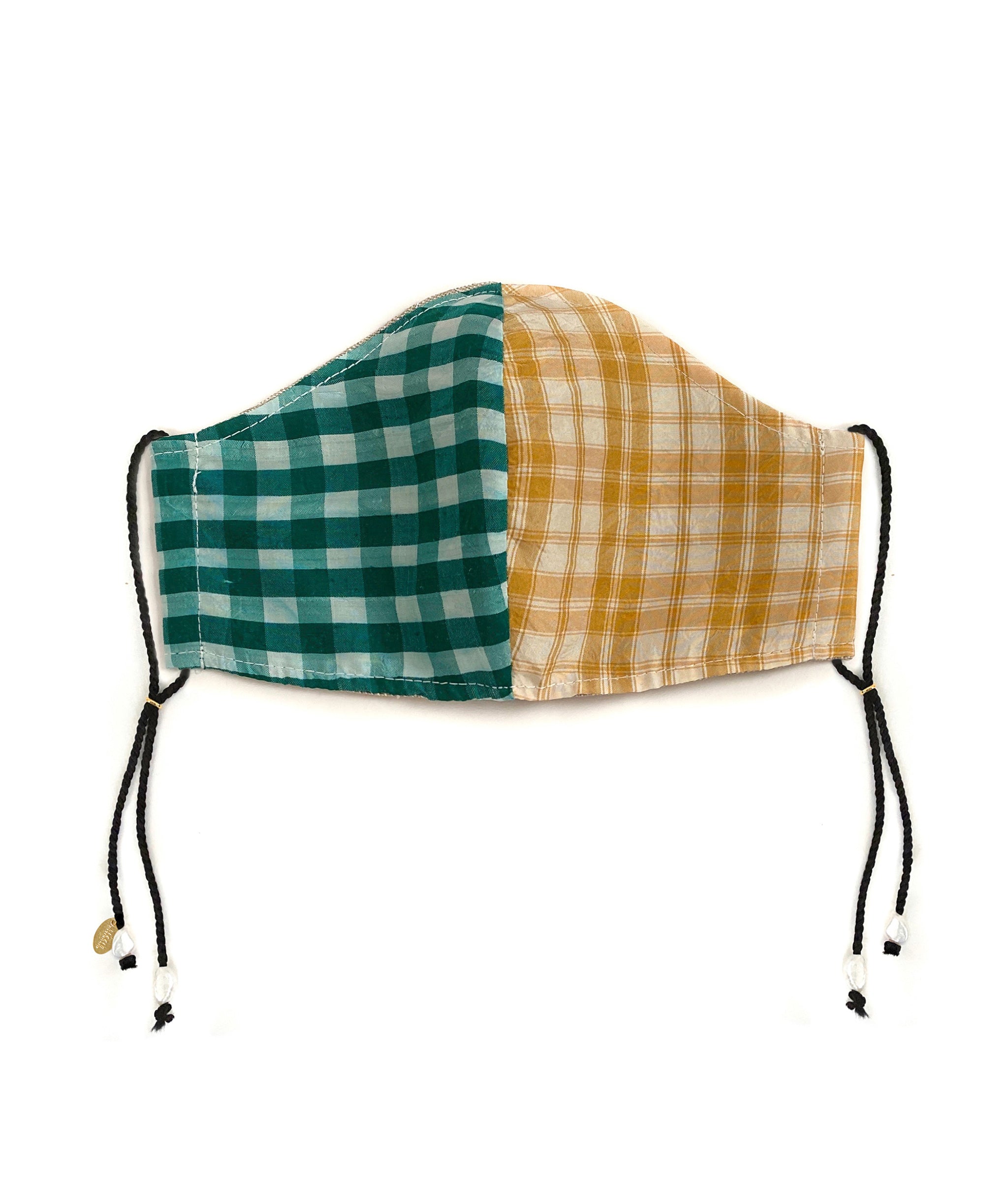 Face Mask in Picnic. Green gingham and yellow plaid silk fabric mask with black cord straps and freshwater pearl details.