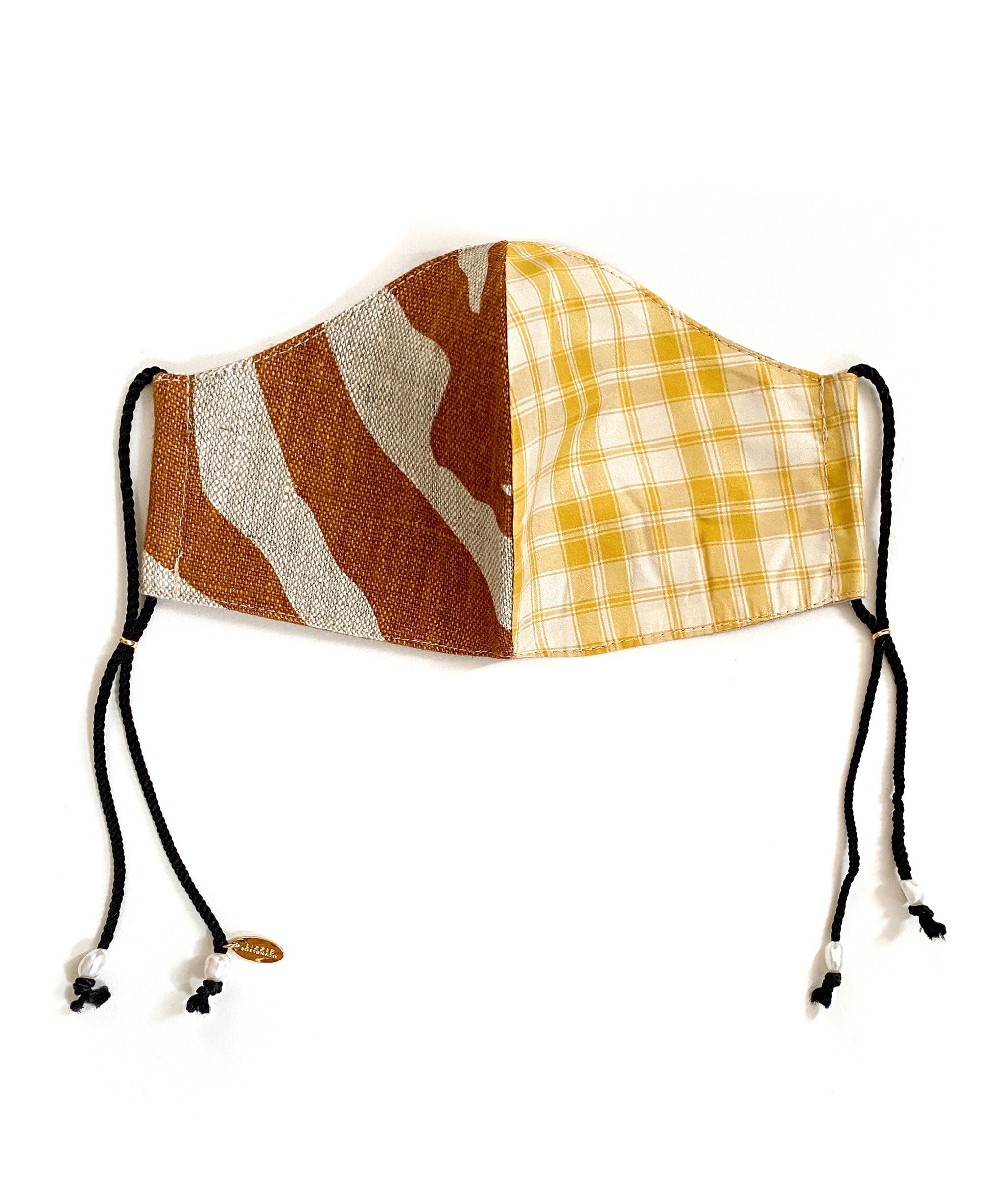 Face Mask in Safari. Zebra print linen and yellow plaid silk mask with braided cord straps and freshwater pearl details.