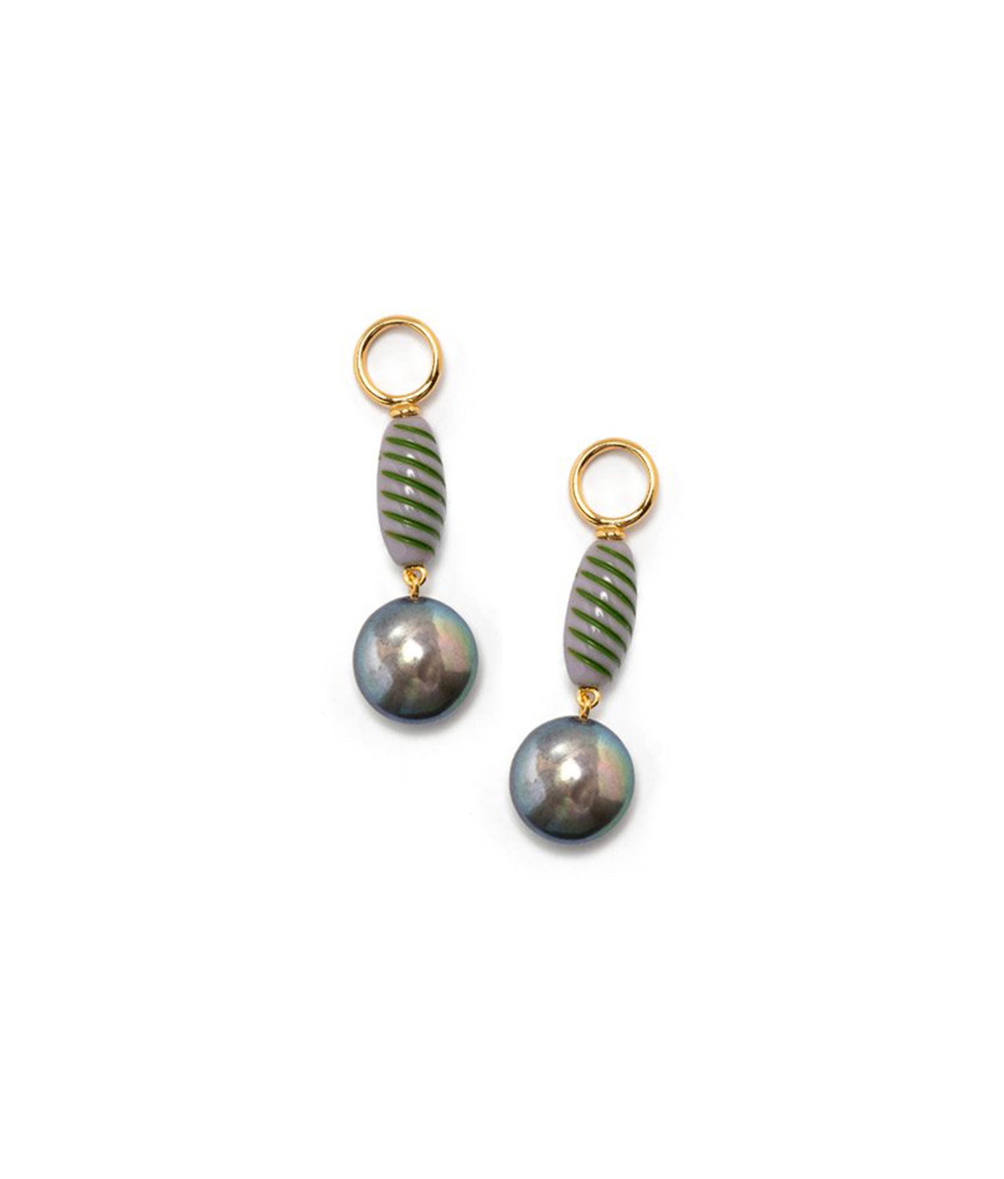 Cirque Charm. Two charms of green striped glass bead and peacock pearl drop with gold-plated brass ring. 