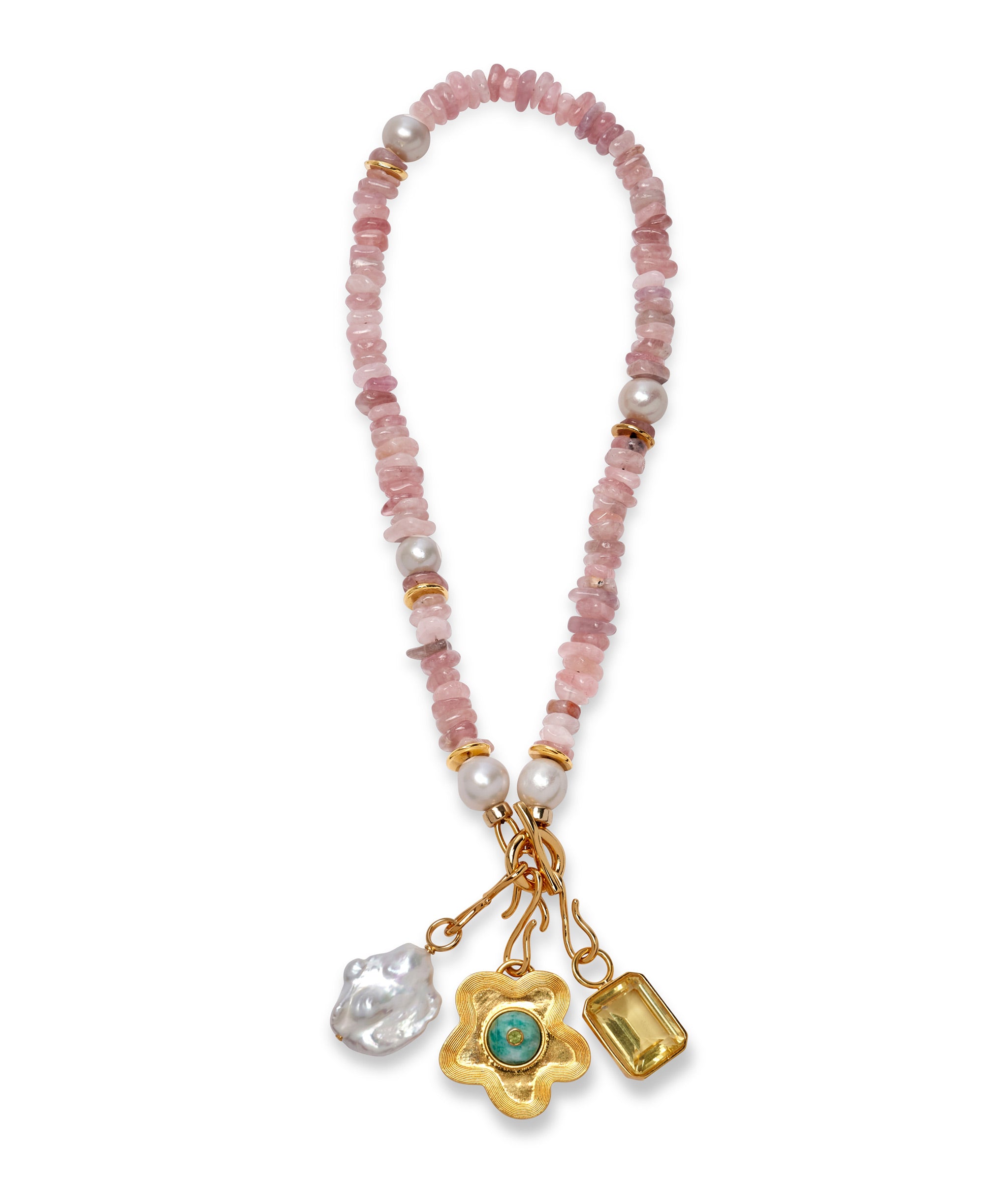 Mood Necklace in Strawberry Quartz with Candyland Charm in Lemon, Nana Pendant in Sea Star, and Deep Dive Charm.