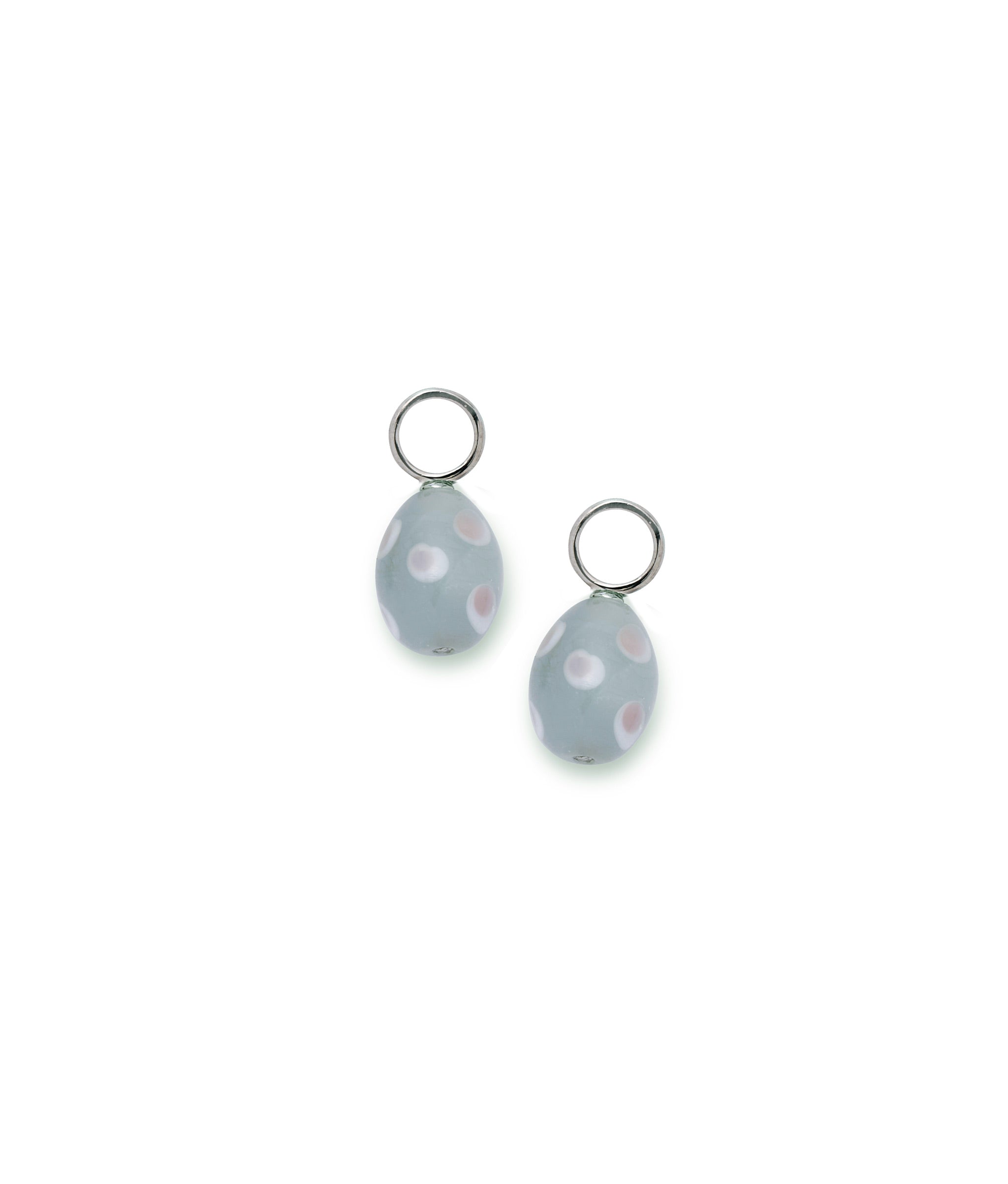 Europa Charm in Silver. Two charms with gray and pink dotted glass ovals and rhodium-plated brass ring 