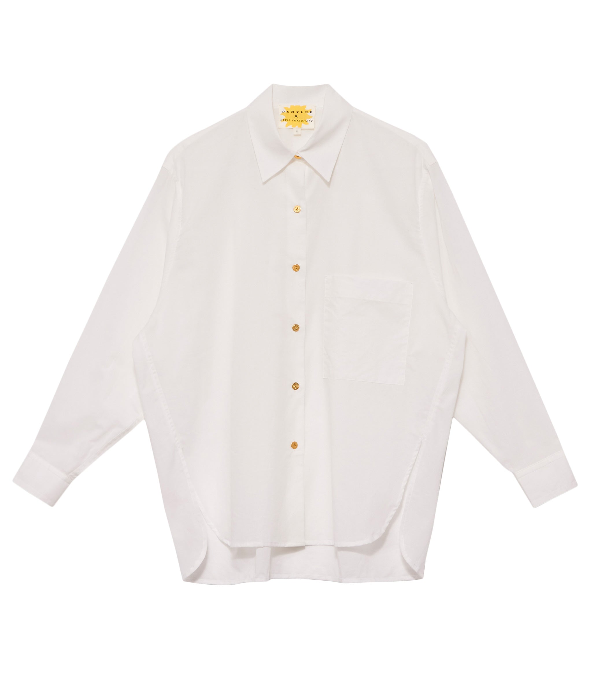 Set The Scene Shirt. Clothing collaboration with DemyLee. Off-White cotton voile shirt with gold metal buttons.