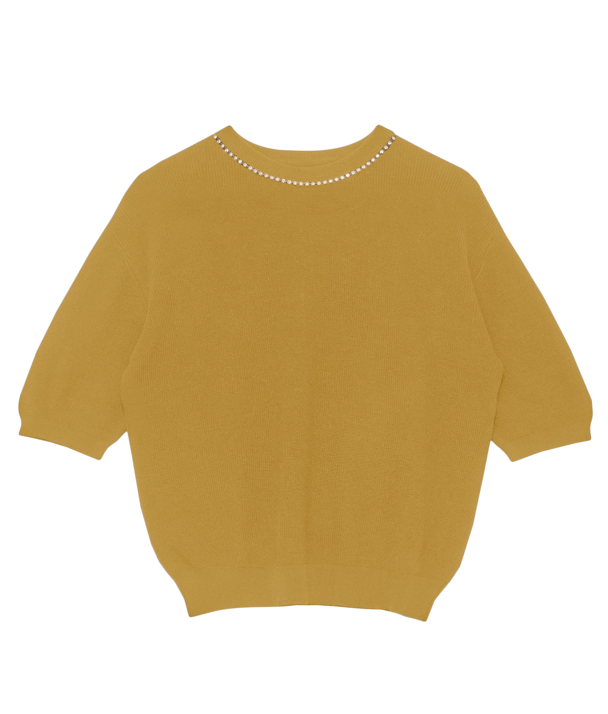 The Uptown Sweater. Butterscotch cotton half sleeve sweater with thread wrapped rhinestone chain necklace.